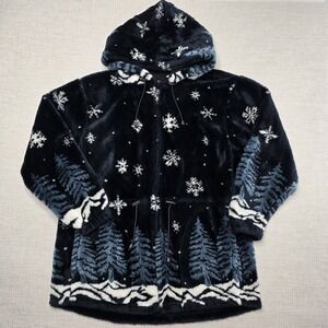 Vintage Andrea Faye Winter‎ Scene Fuzzy Fur Jacket Women's Size M USA Snowflakes